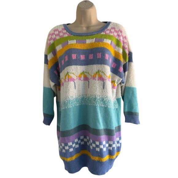 Vintage Pronto Moda 80s 90s Women's Sz L Pink Blue Striped Checkered Sweater - Picture 1 of 8